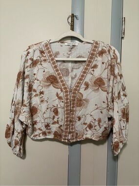 Rose & Olive Cream and Brown Floral V-Neck Boho Peasant Blouse